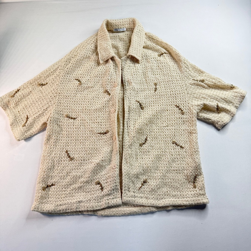 Zara Embroidered Beaded Crochet Knit Shirt Men XL Cream Short Sleeve Button